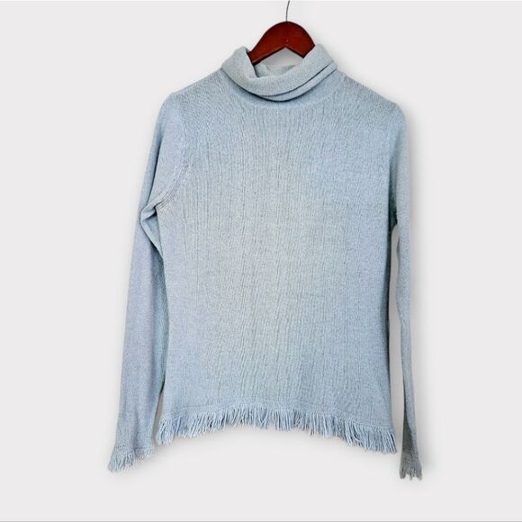 Vintage Chelsea Studio Silk Angora Icy Blue Fringe Detail Turtleneck Sweater S - Picture 1 of 6